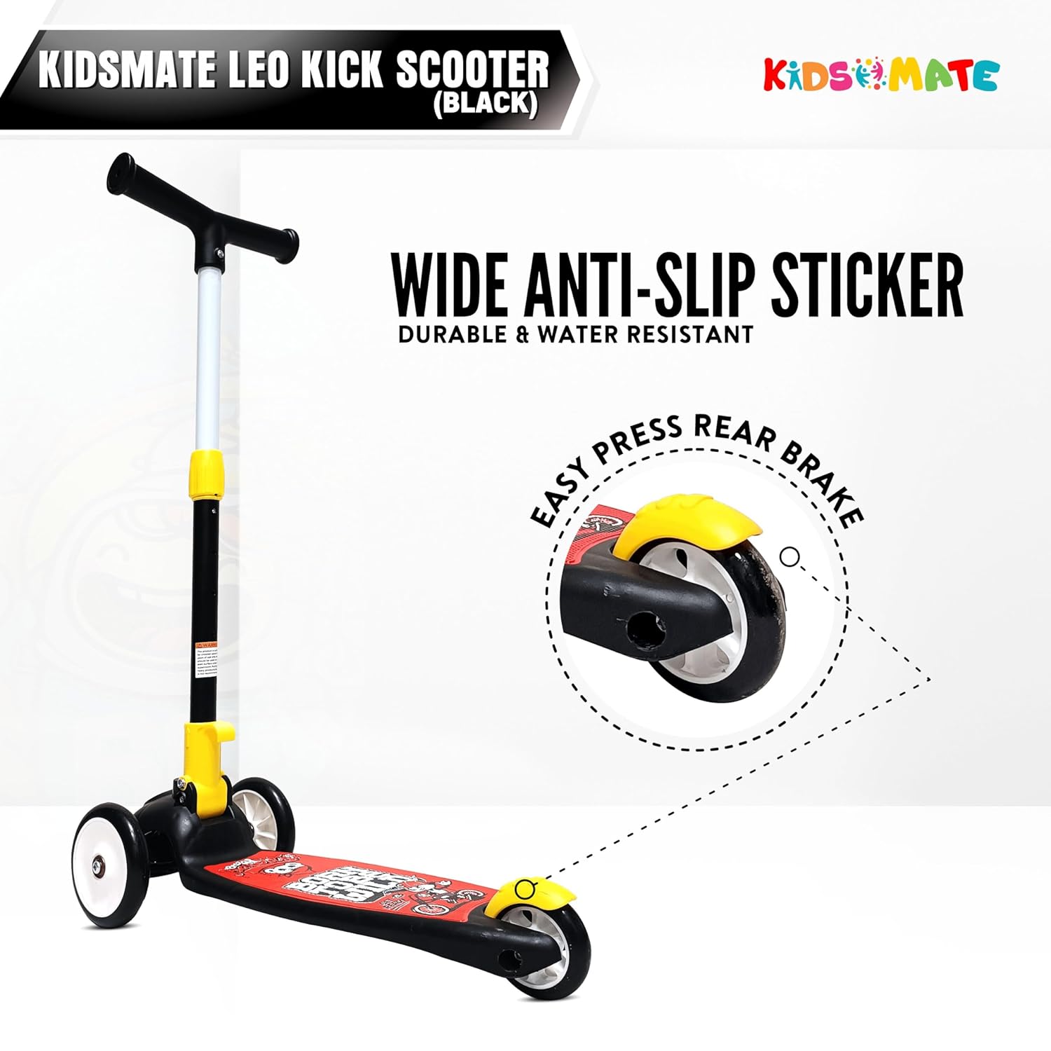 Black Kidsmate Leo 3-wheel Kick Scooter for kids, featuring 3 adjustable heights, durable PVC wheels, and a rear brake for safe, foldable fun. Usmile Toys." www.usmile.toys